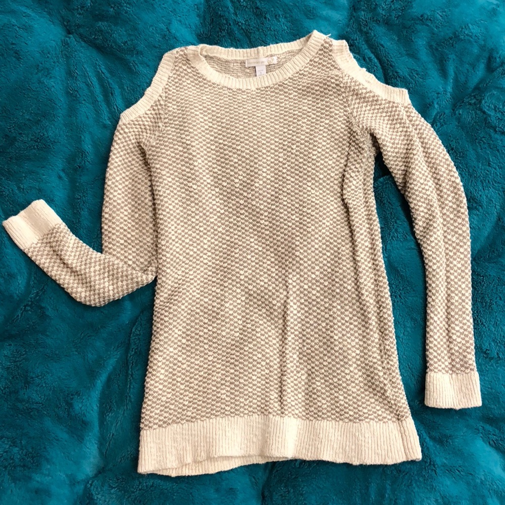 White & Taupe Cold Shoulder Sweater